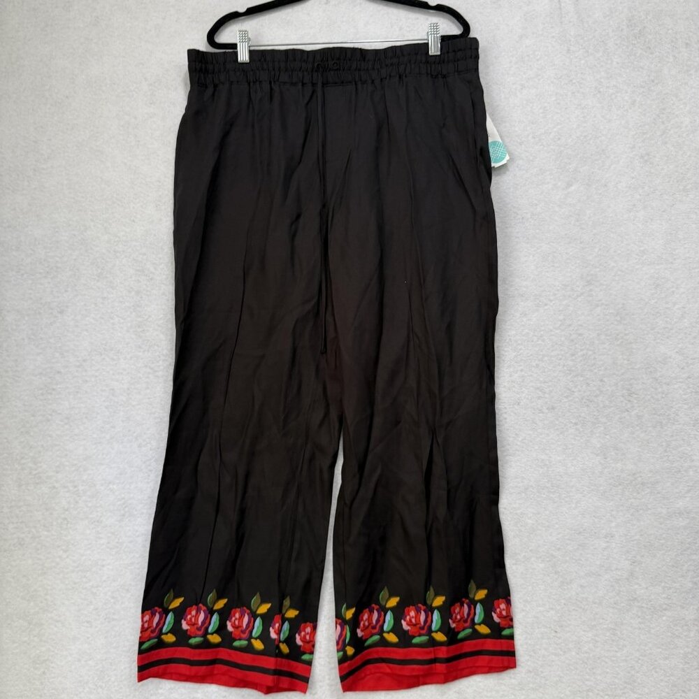 Kate Spade Pants Womens XL Black Silk Blend Floral Embroidered Pull On Wide Leg
